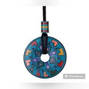 Peruvian Hand Painted Ceramic Pendant Necklace on a Black Cord